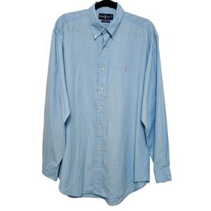 Ralph Lauren Classic Fit Cool Blue Button Down Shirt‎ L Pink Pony Preppy Coastal